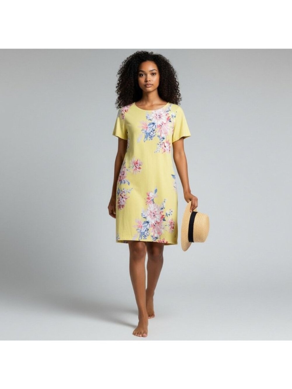Joules Riviera Jersey Floral Yellow T-Shirt Dress Short Sleeves 100% Cotton Size